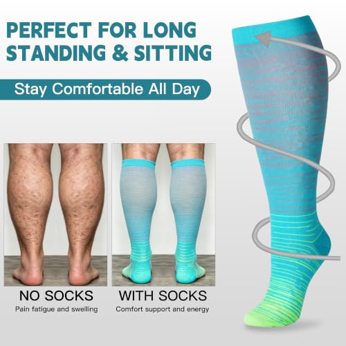 Wide Calf Compression Socks for Women Men 20-30 mmHg - 5X-Large Multicolor