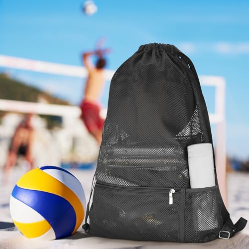 Large Mesh Swim Beach Bag - Drawstring Gym Bag - Black