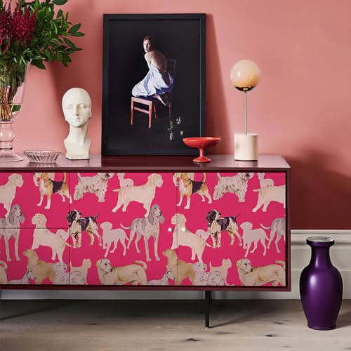 GaliGali Peel and Stick Wallpaper, Pink Dog Pets Wall Paper, Self Adhesive Wallpaper, Removable Contact Paper for Bedroom Cabinets Bathroom Decor Vinyl Waterproof 17.3"x118" NO.A03112A-3