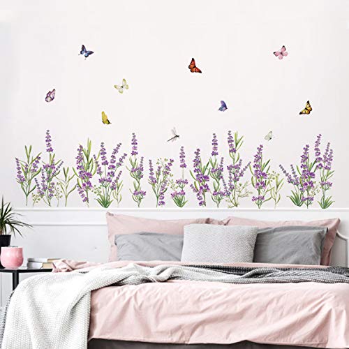 decalmile Lavender Flowers Wall Corner Decals Grass Baseboard Skirting Line Wall Stickers Living Room Bedroom Wall Art Decor(Finished Size W: 63 Inches)