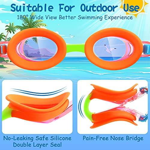 Kids Swim Goggles - 2 Pack No-Leak Swimming Goggles for Ages 3-15 - Orange Green & Blue