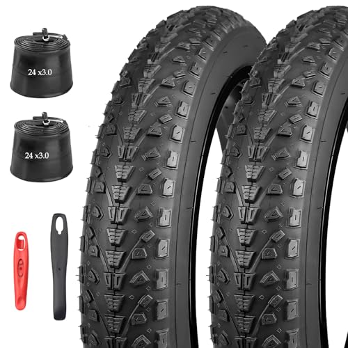 24x3.0 Fat Bicycle Tires with Inner Tubes - Black, Foldable Replacement for Electric & Snow Bikes (2 Tires + 2 Tubes)