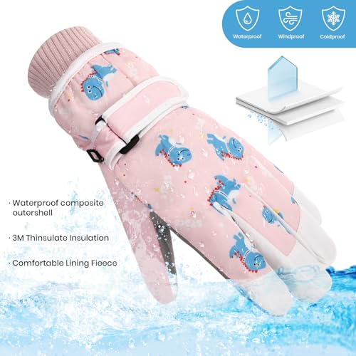 Kids Waterproof Ski Gloves - Touchscreen Snowboard Mittens - Pink - Ages 7-16