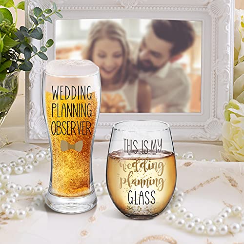 Gemwi Wedding Planning Glass Set - Engagement Gift for Couples, Includes 18oz Wine & 11.56oz Beer Glasses