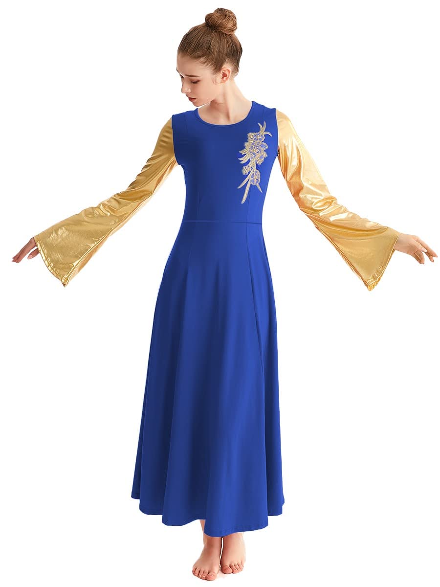 HIHCBF Women Gold Metallic Long Sleeve Liturgical Praise Dance Dress Adults Applique Dancewear Lyrical Worship Robe Costume Royal Blue L