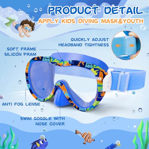 WAVE Kids Dinosaur Blue Swim Goggles with Panoramic Mask, Anti-Fog & UV Protection