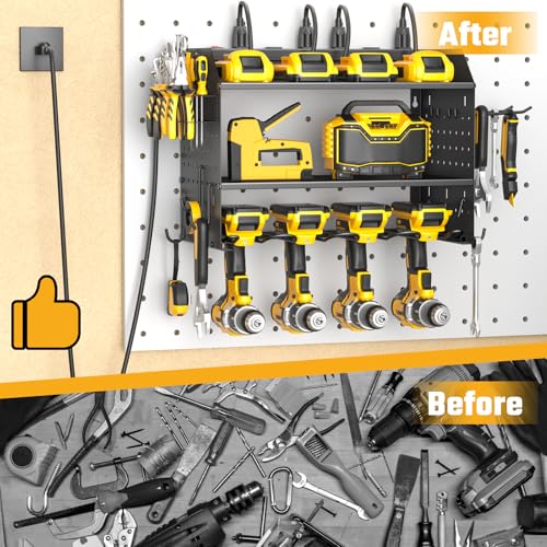 Power Tool Organizer Wall Mount, 3 Layer Charging Station with 6 Outlets, 4 Drill Holders and Drill Bit Rack, Tool Holder Storage Shelf Rack for Garage, Workbench and Workshop, Black