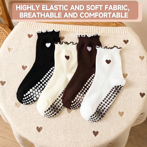Non-Slip Pilates Socks for Women - Cotton Grip Socks, Morandi Heart - 4 Pack