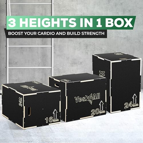 3-in-1 Non-Slip Wooden Plyo Box - 24" x 20" x 16" - Black