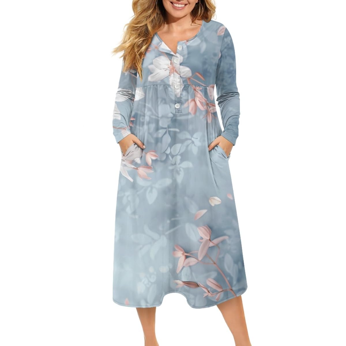 ZOCANIA Boho Dresses for Women 2024 Floral Maxi Dress V Neck Long Sleeve High Waist Plus Size Fall Dress Casual Tunic Dress Loose Wedding Guest Dresses for Women with Pockets,Blue White,3XL
