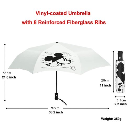 Finex Mickey - White - Travel Compact Auto Folding Golf Umbrella with Auto Open Close One Button Handle & Wrist Strap