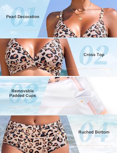 UMIPUBO Leopard Print High Waisted One-Piece Bikini Set with Pearl Neckline – Medium