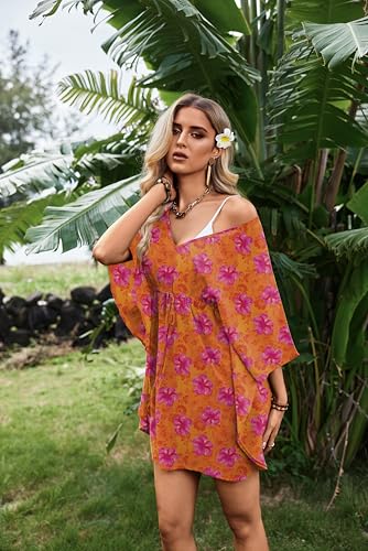 Sheer Chiffon Floral Print Women's Swimsuit Coverup - Orange Floral, Large