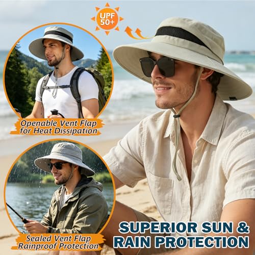 Waterproof Wide Brim Boonie Hat - UPF 50+ Sun & Rain Protection - One Size, Beige