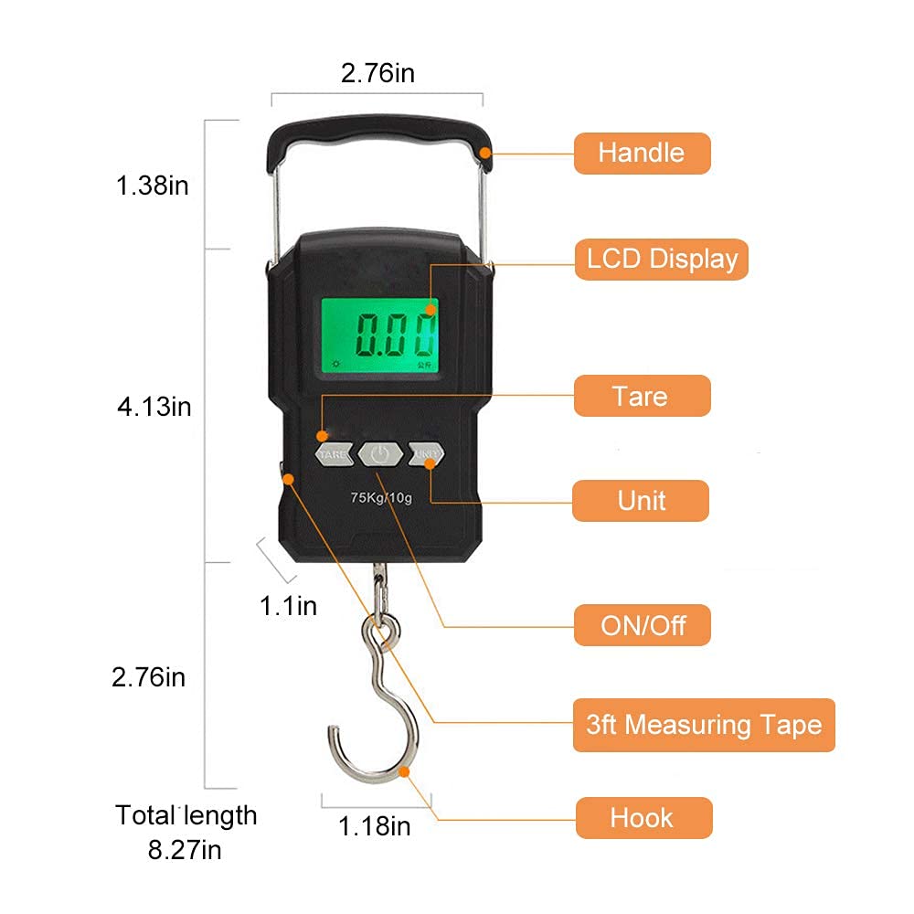 Skiennix Rechargeable Luggage Scale - Portable Digital Hook Scale with Measuring Tape, 165Lb, Black