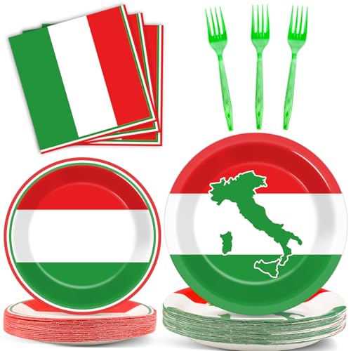 Italian Flag Party Plates & Napkins Set (100 Pcs) OBUSATT – Serves 25 Guests, Includes 9" Plates, 7" Plates, 6.5" Napkins & Green Forks, Italian Flag Theme, Variation: Italian Flag