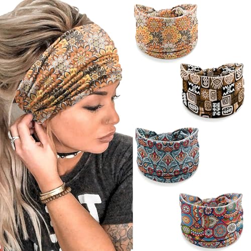 Boho Headbands for Women - 4 Pack Wide Stretchy Turban Wraps