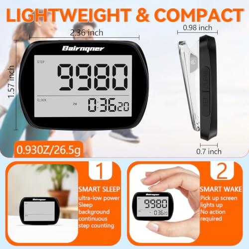 3D Step Counter Pedometer with Clock and Clip Lanyard - Black