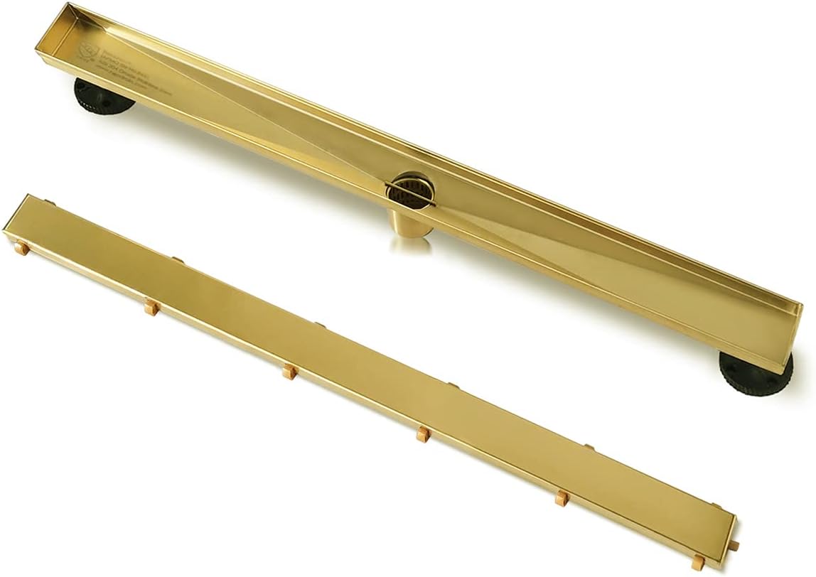 Neodrain 18-Inch Gold Linear Shower Drain - Brushed Brass, Tile Insert Cover & Hair Strainer