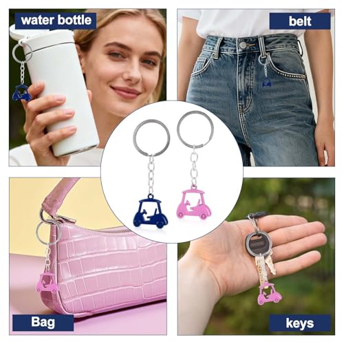 Golf Cart Keychain Set - Zinc Alloy Golf Gift for Men & Women - Blue, Pink