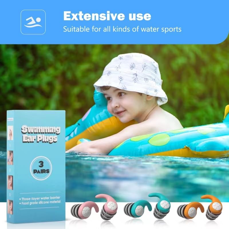 Kids Swimming Ear Plugs, 3 Pair Reusable Waterproof Silicone Earplugs