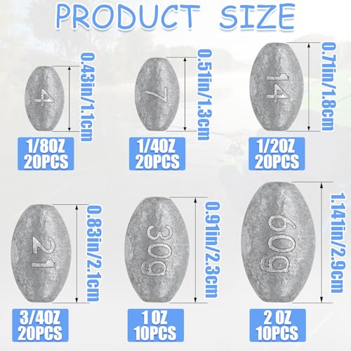 Egg Weights Fishing Sinkers - 1/8oz Assortment (20pc) Lead Drop Weight