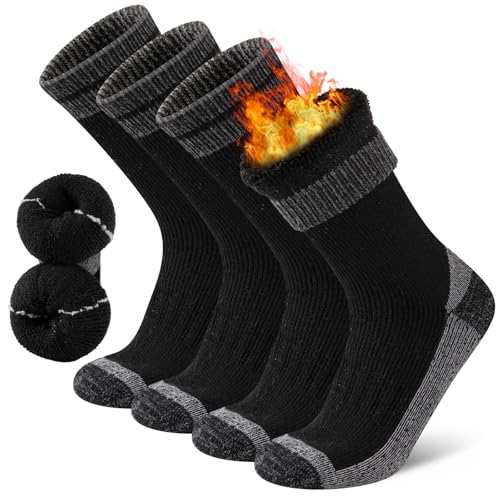 Thick Thermal Merino Wool Hiking Socks for Men - Black, 4 Pairs
