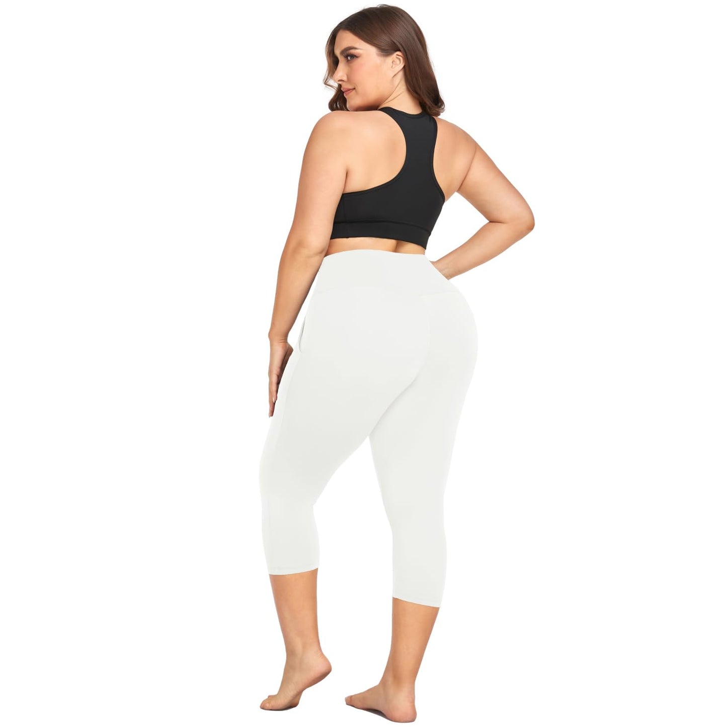 MOREFEEL Capri Plus Size Leggings for Women with Pockets-Stretchy XL-4XL Tummy Control High Waist Workout White Yoga Pants