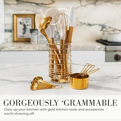 Styled Settings 15-Piece White & Gold Kitchen Utensils Set with Holder