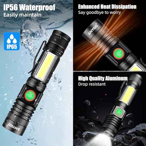 Magnetic Rechargeable Flashlight with Wide-Angle COB Side Light & Super Bright Zoomable Main Light, 4 Mode, USB-C Charging, Secure Magnetic Base for Camping, Emergency, Repairs, 2 Pack