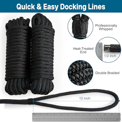 4 Pack 1/2" x 25' Dock Lines, Improved Nylon Boat Ropes, Black