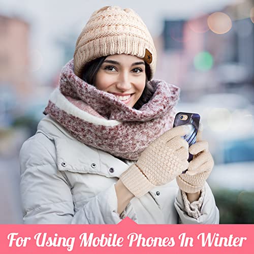 Jeere 4-Piece Women Winter Hat & Gloves Set, Fleece Lined Beanies & Touchscreen Gloves, Black & Beige