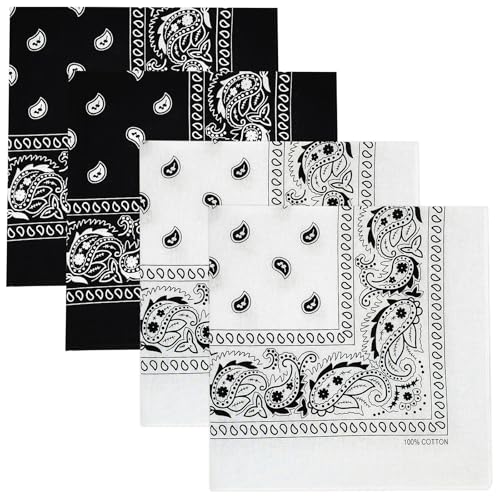 4-Pack Cotton Bandanas 21.5" - Multi-Purpose Scarves - Black/White
