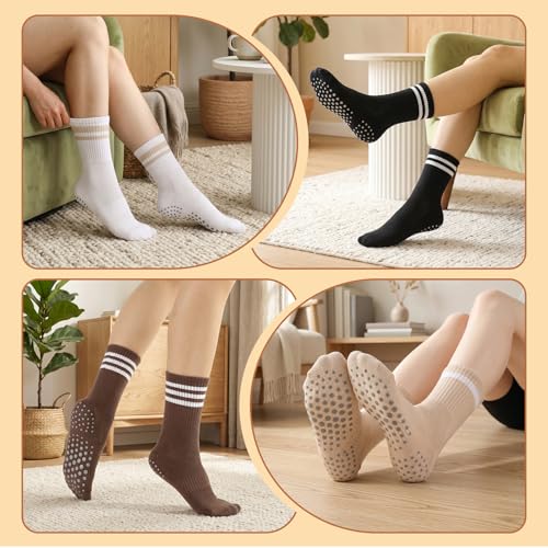 Pilates Grip Socks for Women - Striped 4 Pairs in White, Khaki, Brown, Black