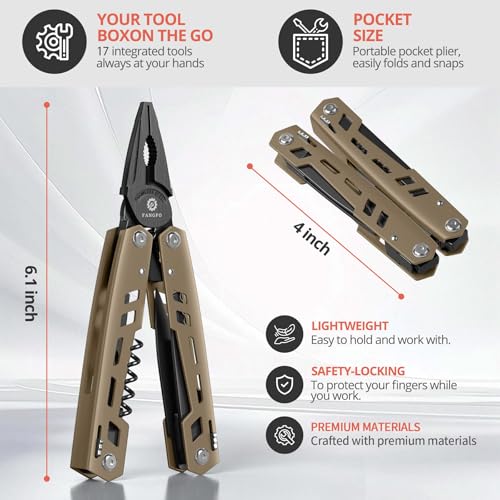 Fangfo 17-in-1 Stainless Steel Multitool with Pocket Knife, Pliers & Bottle Opener - Brown