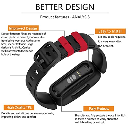 Fitbit Ace 3 Silicone Waterproof Sports Watch Strap - Black/Racer Red