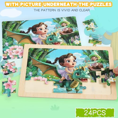 Wooden Puzzles for Kids - 4 Sets, 24 Pieces Each, Pink Princess Theme