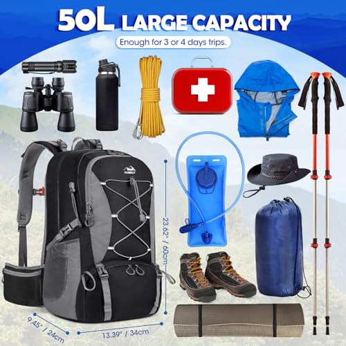 NUBILY 50L Waterproof Hiking Backpack - Black Lightweight Daypack for Men & Women
