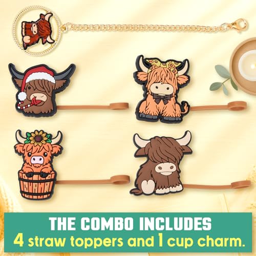 Highland Cow Straw Topper Set - 4 Silicone Covers & Keychain
