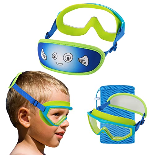 Kids Swimming Goggles with Fabric Strap - Wide View - Blue Shell