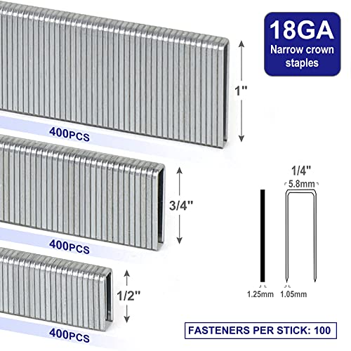 HW HAMWOO 18 Gauge 1800PCS,1/4" Narrow Crown Staples (1/2"- 400; 3/4"- 400; 1"- 400) and Brad Nails (5/8"-300,3/4"-300), Suitable for Most Brand of 18 Gauge Stapler