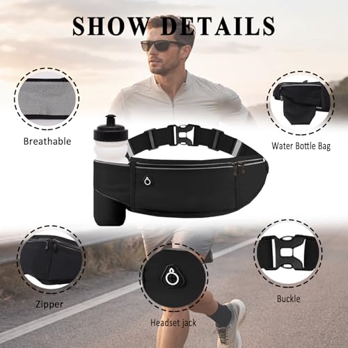 Water Bottle Holder Running Belt - Large Fanny Pack - Black