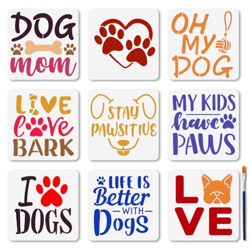 MAYJOYDIY 9Pcs Dog Paw Print Stencil 5.9¡¿5.9inch Cute Puppy Painting Stencils Reusable Love Mom Bark Template DIY Craft for Painting on Wood Furniture Canvas Wall Decoration