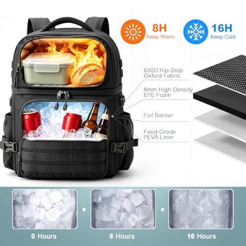 VOGSHOW Black Tactical Cooler Backpack 45 Can Insulated Leak-Proof Double Deck