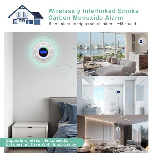 Wireless Interconnected Smoke Carbon Monoxide Detector Battery Powered, Interlinked Combination Smoke and Carbon Monoxide Detector Alarm with Digital Display, Silence Button (White-2)
