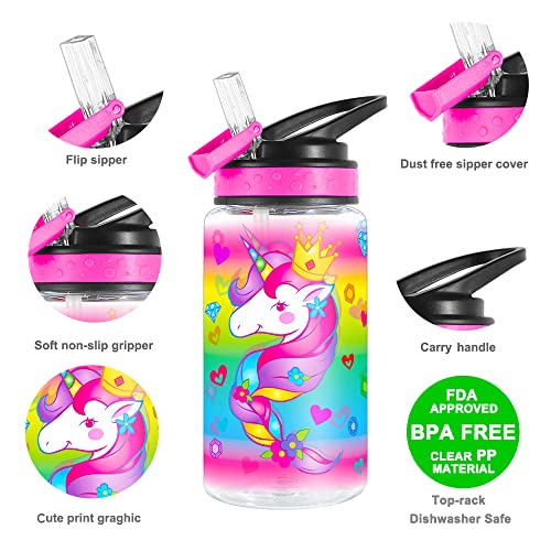 15oz Unicorn Water Bottle for Kids - BPA Free, Leak Proof