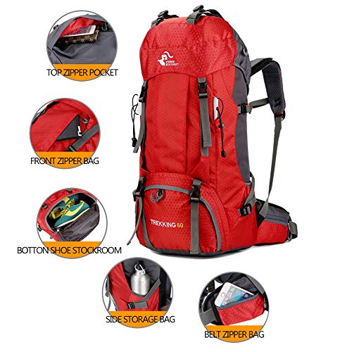 Bseash 60L Waterproof Hiking Backpack with Rain Cover - Red, Large Outdoor Daypack for Camping & Climbing