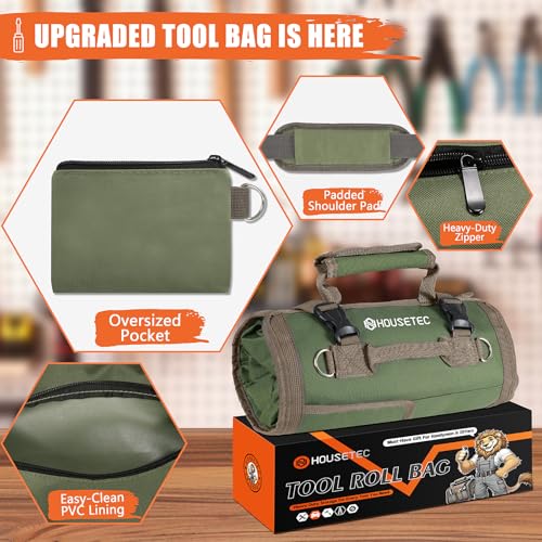 Roll Up Tool Bag-Gifts For Men Dad Husbands Him, Father's Day Birthday Gifts For Men, Heavy Duty Tool Organizer Bag With 2 Detachable Pouches Mechanic Carpenter (Green)