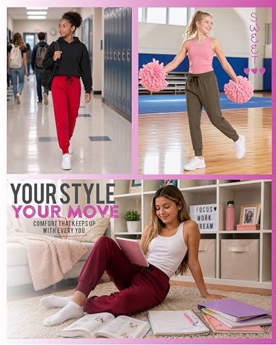 Girls Fleece Jogger Sweatpants - 2 Pack Black & Heather Grey, Sizes 5-18