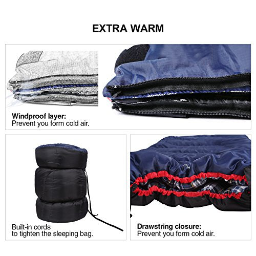 Redcamp Cotton Flannel Sleeping Bag for Adults - Blue, 2 lbs Filling, Cold Weather Camping Gear